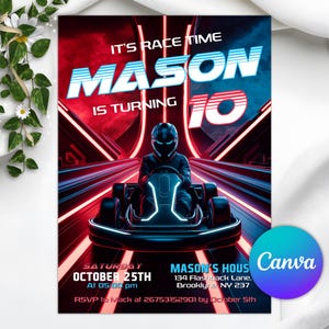 May include: A birthday party invitation with a race car theme. The design features a go-kart racer in a helmet, with the name "MASON" and the number "10" in large, bold text. The invitation includes event details.