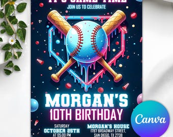 Editable Baseball Birthday Invitation, Neon Ice Cream Drip Party Invite, Baseball Theme Birthday Template, Kids Sports Birthday Printable