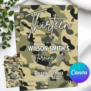 Könnte beinhalten: Ein Set aus Party-Einladungskarten und einem Geschenkanhänger mit Camouflage-Muster. Die Einladung lautet "Thirteen" und enthält Eventdetails für den 10. Geburtstag von Wilson Smith. Der Geschenkanhänger sagt "Thank You".