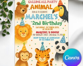 Invitación "Llamada a todos los animales de fiesta", invitación de cumpleaños infantil con animales de fiesta, adorables animales con sombreros de cumpleaños, plantilla editable de Canva