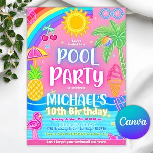 Peut inclure: Une invitation rose vif pour une fête au bord de la piscine avec des illustrations colorées d'un arc-en-ciel, d'un soleil, d'un palmier et d'une glace. Le texte dit "POOL PARTY" et "MICHAEL'S 10th Birthday".