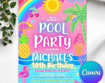 Neon Pool Birthday Invitation, Pool Party Birthday Invitation, Neon Glow Swim Invite, Swimming Pool Party Invite, Editable Canva Template