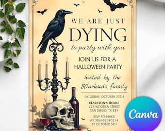 Vintage Halloween Invitation Template, Halloween Digital Invite, Printable Halloween Party Invitation for Adults, Editable Canva Template