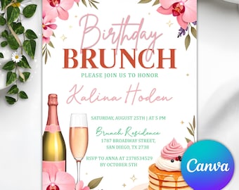Brunch Birthday Invitation, Editable Brunch Invitation, Brunch Invite, Brunch Invitation Template, Pink Floral, Digital Canva Printable