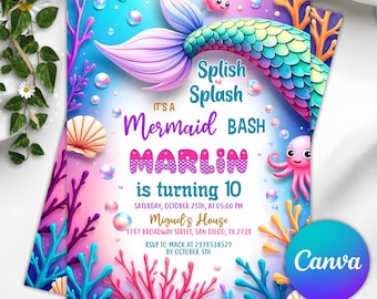 Invito di compleanno modificabile a forma di coda di sirena per ragazza, invito di compleanno a forma di festa sottomarina con sirena, invito per festa a forma di sirena, invito a forma di sirena, Canva