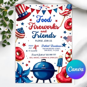 May include: A patriotic invitation with the text "Food, Fireworks, and Friends" in red and blue. The design includes a barbecue grill, donuts, and stars, with the date and location details for a July 4th event.