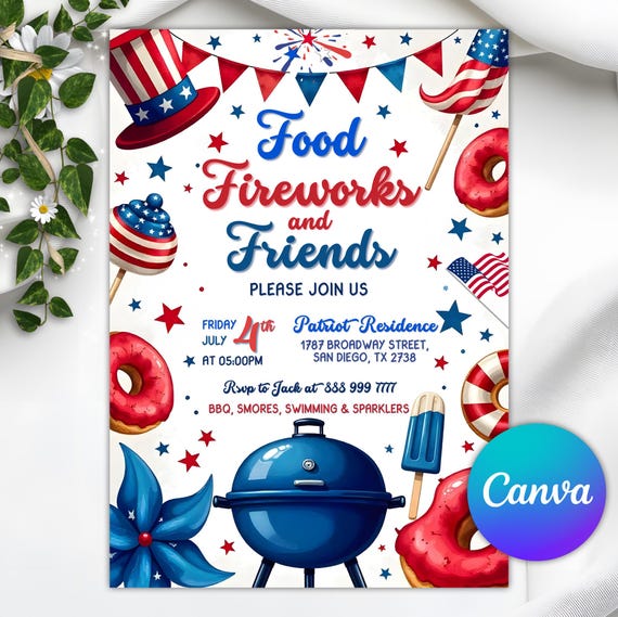 4th Of July BBQ Invitation, Party In USA Invite, Independence Day BBQ Barbeque Invite, July Fourth Food Friend and Firework, Editable Canva