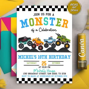 Monster Truck Birthday Invitation, Truck Party Invite, Printable Invitation, Boom Crash, Monster Truck Bash, Any Age, Digital Canva