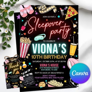 May include: Black sleepover party invitation with text "Sleepover party" and "Viona's 10th Birthday". Includes illustrations of popcorn, pizza, and other party-themed graphics. A matching thank you tag is also included.