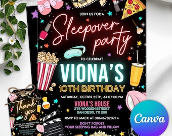 Sleepover Birthday Invitation, Slumber Party Birthday Invite, Pajama Party, Neon Sleepover Invitation, Canva Template