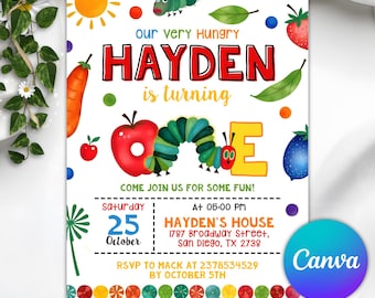 Very Hungry Caterpillar First Birthday Invitation, Hungry Caterpillar Invite, Fat Caterpillar Birthday Party Invite, Editable Canva Template