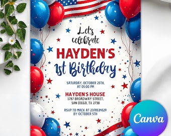 Invitación de cumpleaños del 4 de julio, invitación con estrellas y rayas, invitación para fiesta de cumpleaños patriótica, invitación del 4 de julio, Canva editable