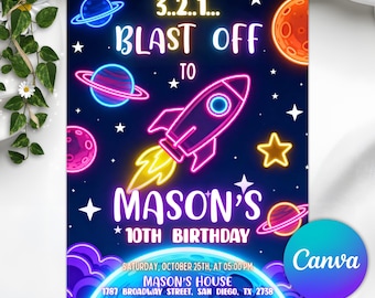 Invitación a fiesta de cumpleaños espacial de neón, invitación a fiesta de galaxia, invitación de cumpleaños de astronauta del espacio exterior, planetas de cohetes espaciales, Canva editable