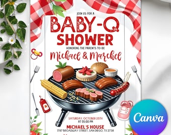 Editable Baby-Q Baby Shower Invitation,  BBQ Invitation Template, Backyard Baby Shower, Digital Download, Canva Invitation Printable