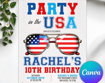 Fourth of July Birthday Invitation, Patriotic 4th of July Party Invite, Red White and Blue Celebration, Editable Canva Template