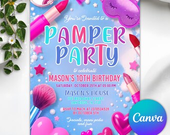 Pamper Party Birthday Invitation, Spa Birthday Party, Neon Glow Pamper Spa Party Invite, Glitz and Glam Makeup Glow Party, Editable Canva