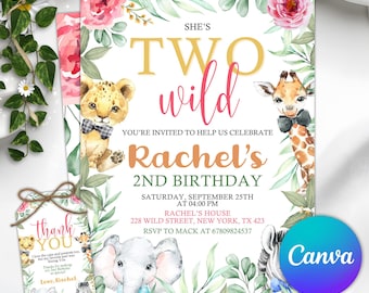 Safari Birthday Invitation, Two Wild Invitation, Jungle Animals Invitation, 2nd Birthday Invitations, Editable Canva Template