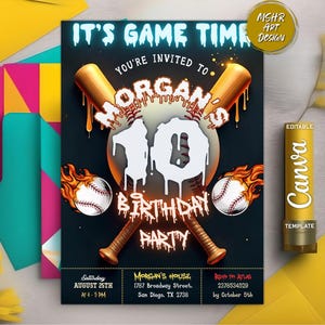 Bearbeitbare Baseball Drip Geburtstagseinladung, Neon Sport Geburtstagsthema einladen, Rookie des Jahres, Baseball-Geburtstagsfeier, Sofort-Download