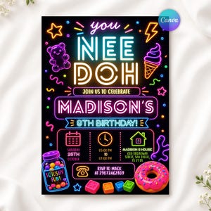 May include: A neon-style birthday invitation card featuring the text YOU NEE DOH, MADISON'S 9TH BIRTHDAY, and event details. The black background is decorated with colourful glowing icons including a gummy bear, ice cream, a donut, and sweets.