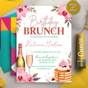 Brunch Birthday Invitation, Editable Brunch Invitation, Brunch Invite, Brunch Invitation Template, Pink Floral, Digital Download, Canva