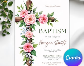 Vintage Floral Baptism Invitation Girl Pink Flower Invite Template Christening Invitation Dusty Pink Template Victorian Era First Communion