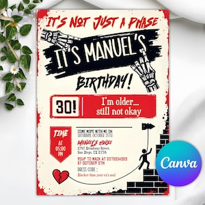 May include: A birthday invitation with a distressed, vintage design. The invitation features the text "IT'S NOT JUST A PHASE, IT'S MANUEL'S BIRTHDAY!" in red and black. It includes the number "30!" and event details.
