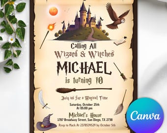 Wizards Witches Birthday Invitation Magical Birthday Invite Editable Castle Wizardry Party Download Printable Template Digital Invite