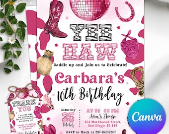 Invitación de cumpleaños de vaquera, fiesta en Nashville, invitación de fiesta de vaquera rosa, cumpleaños de vaquera espacial, invitación de rodeo disco, plantilla editable de Canva