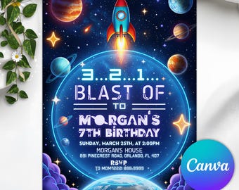 Invitación a fiesta de cumpleaños espacial de neón, invitación a fiesta de galaxia, invitación de cumpleaños de astronauta del espacio exterior, planetas de cohetes espaciales, Canva editable