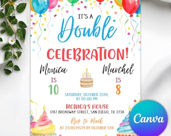 Join Party Birthday Invitation, Sibling Birthday Party, Double Birthday Invitation, Join Birthday Party invite Editable Canva Template