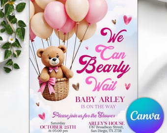 Pink Girl Boho Bear Baby Shower Invite, Bear Baby Shower Invitation We Can Bearly Wait Invitation, Teddy Bear Invitation