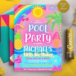 Neon Pool Birthday Invitation, Pool Party Birthday Invitation, Neon Glow Swim Invite, Swimming Pool Party Invite, Editable Canva Template