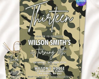 May include: A rectangular birthday invitation and a matching rectangular gift tag, both featuring a green, tan, and black camouflage pattern. The invitation displays the text Thirteen, Join us to celebrate Wilson Smith's is turning 10th, Saturday, October 25th at 06:00 PM, Wilson's House, 167 Broadway Street, San Diego, NY 862, and RSVP to Mack at 47843629837217. The tag features the text Thank You.