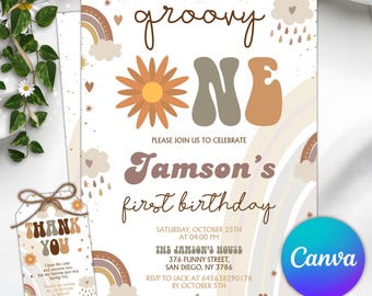 Invitación de cumpleaños editable y genial, primer cumpleaños retro de Daisy, fiesta hippie boho, flor de los 70, plantilla de Canva, descarga instantánea