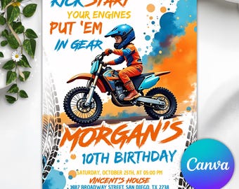Dirt Bike Birthday Invitation, Dirt Bike Adventure Invite, Motocross Birthday Invite, Motorbike Invite, Instant Download, Editable Canva