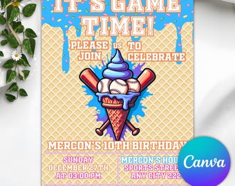 Baseball Drip Birthday Party Invitation, Digital Editable Canva Template, Baseball Ice Cream Drip Birthday Invite, Any Age, Instant Download