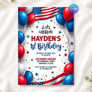 Può includere: Un invito di compleanno con tema rosso, bianco e blu, palloncini e dettagli della bandiera americana. Il testo recita: Let's celebrate Hayden's 1st Birthday, Saturday, October 25th, at 05:00 PM, Hayden's House, 1787 Broadway Street, San Diego, TX 2738.