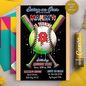 Baseball Drip Birthday Party Invitation, Digital Editable Canva Template, Baseball Ice Cream Drip Birthday Invite, Instant Download