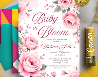Wildflower Baby Shower Invitation: Editable Pink Floral Design (Canva Template, Digital Download