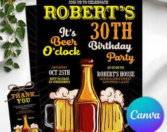 Cheers and Beers Invitation Template | Editable Canva Adult Party Invite | 30th 40th 50th Birthday Celebration Digital Download