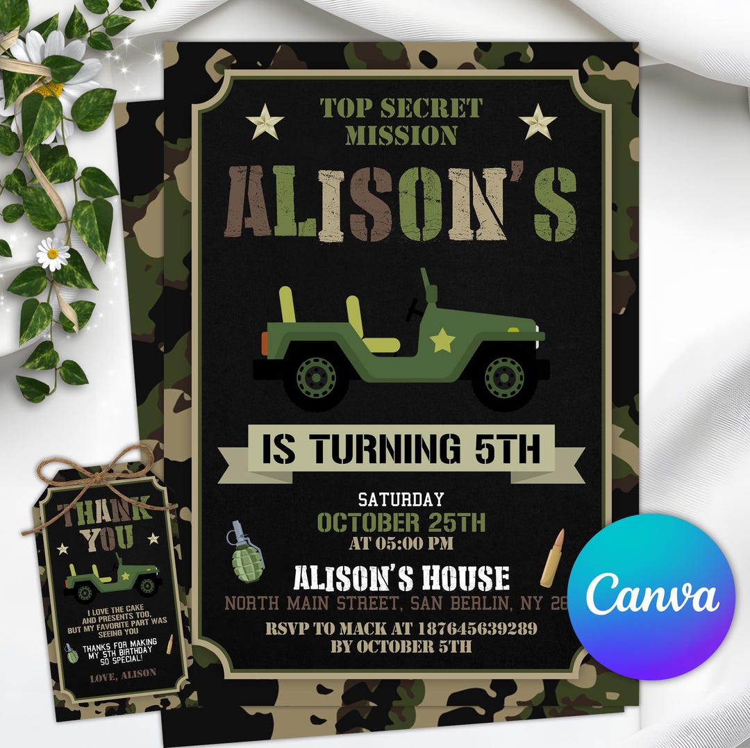 Editable Army Birthday Invitation, Military Birthday Party Invitations ...