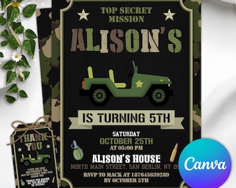 Editable Army Birthday Invitation, Military Birthday Party Invitations, Soldier Birthday Invitation, Camouflage Any Age, Canva Template