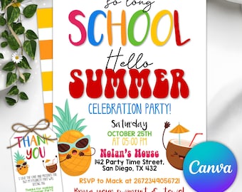 End of School Party Invitation, So Long School Hello Summer Invite, Schools Out Last Day of School Sun Pineapple Backyard BBQ EDITABLE Canva