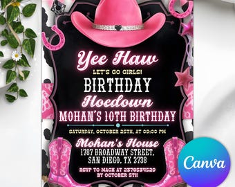 Pink Cowgirl Birthday Invitation, Country Western Invite, Cowgirl Hoedown Birthday Party Invite, Glam Invite, Editable Canva Template