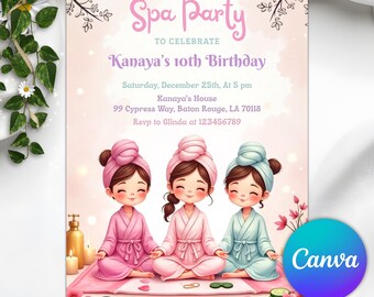 May include: Spa party invitation featuring three cartoon girls in spa robes and head wraps. The invitation text reads "Join us for a Spa Party to Celebrate Kanaya's 10th Birthday" with event details. The design includes spa-themed elements.