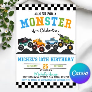 May include: A birthday party invitation with a black and white checkered border. The invitation features colorful monster trucks and the text "Join us for a Monster of a Celebration." It includes the name "Michel's 10th Birthday" and event details.