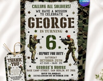 Military Party Invitations, Army Birthday Invitation, Soldier Birthday Party Invite, Camouflage Any Age Invites, Editable Canva Template
