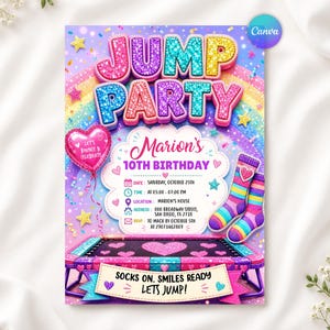 May include: A colorful birthday invitation card featuring the text JUMP PARTY in glittery letters, a rainbow background, a heart-shaped balloon, and a trampoline. The card includes details for Marion's 10th birthday, including date, time, and location.