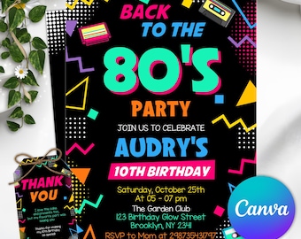 Editable 80s Birthday Party Invitation, All text is editable, Back To The 80s, Throwback Party, Neon Party, Glow Dance, 2000s Birthday