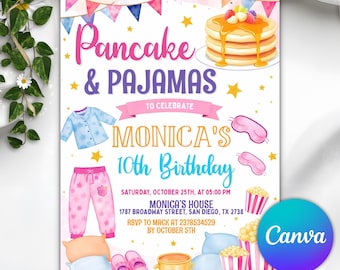 May include: A colorful invitation for a "Pancake & Pajamas" birthday party. The design features illustrations of pancakes, pajamas, and sleep masks. The invitation is for Monica's 10th birthday, with the date, time, and location details.
